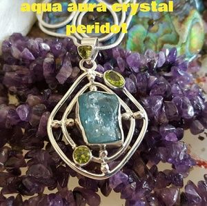 Aqua Aura Crystal  & Peridot Necklace Sterling